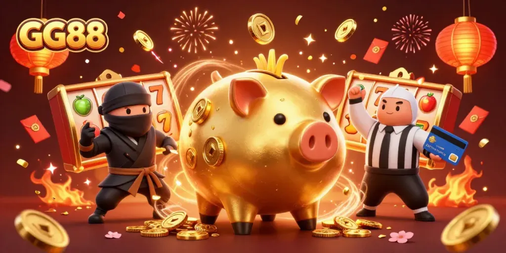 Engage with GG88 at an exciting casino scene featuring a golden piggy bank sumo wrestler amidst slot reels and festive decorations.