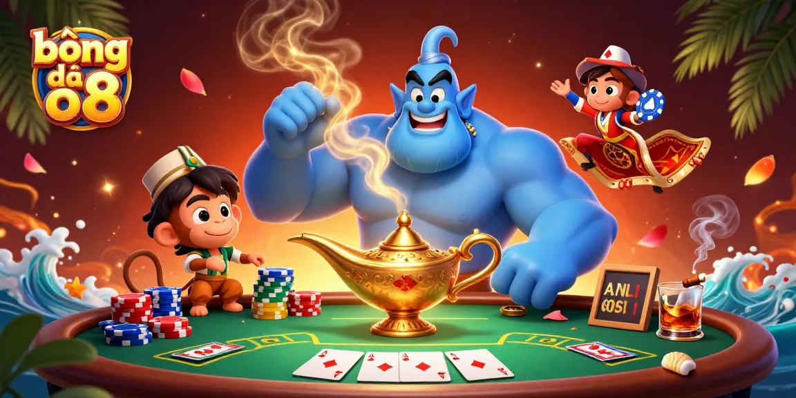 bóng đá o8 reveals casino magic with a genie, a monkey, and dynamic poker elements.