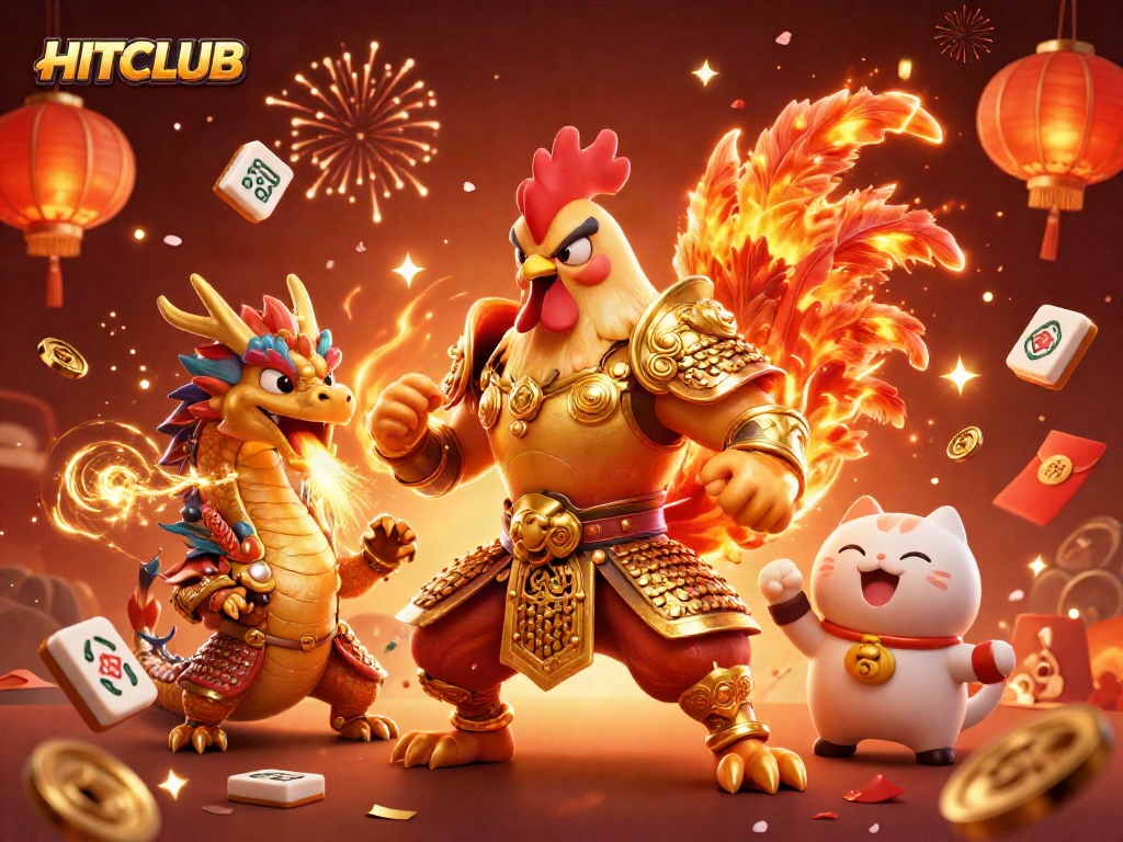 Engage with HITCLUB's vibrant 3D illustration of a warrior rooster, dragon, and lucky cat amid rich casino elements.