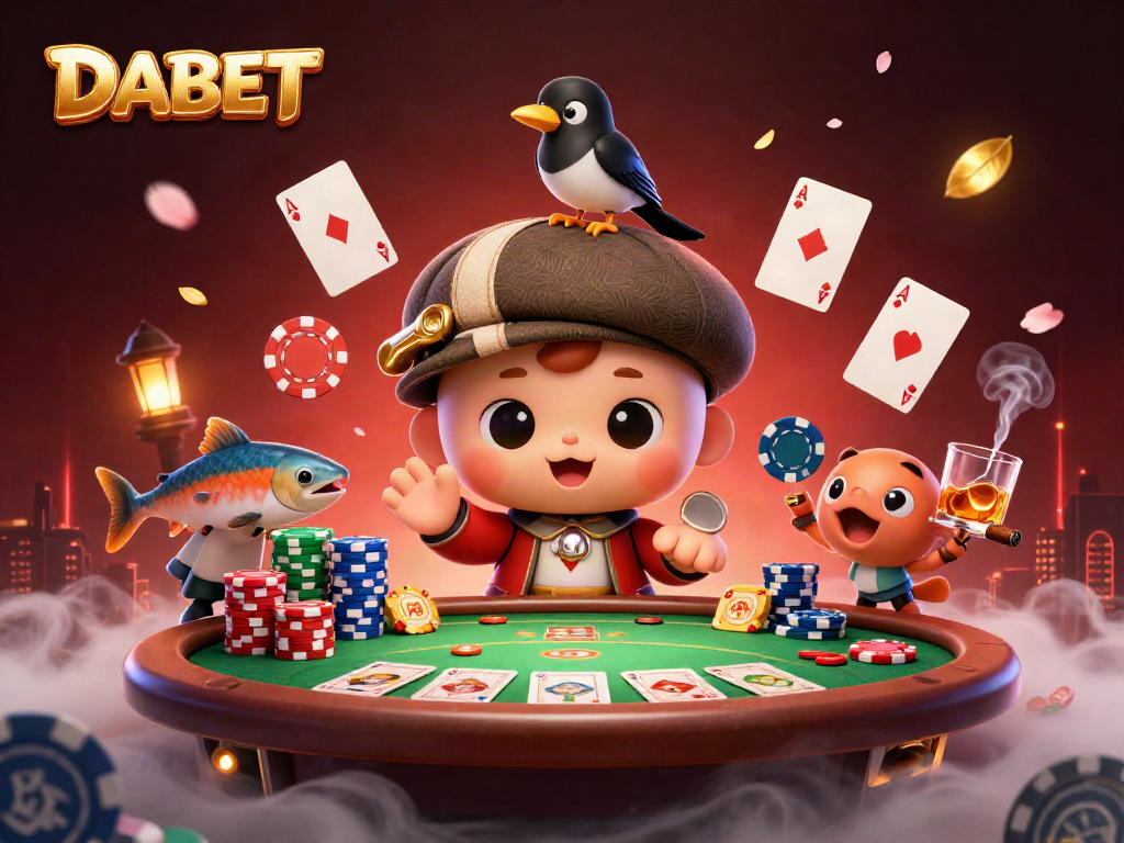 DABET showcases playful Nessie and a magpie at a vibrant poker scene, engaging gamblers in exciting gameplay.
