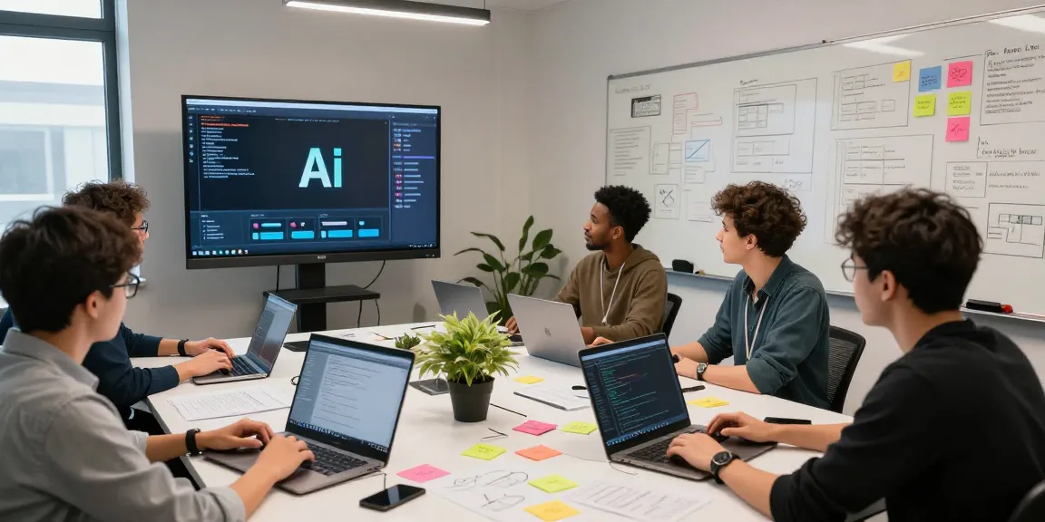 Diverse team collaborating on an AI video generator workspace with laptops and coding projects.