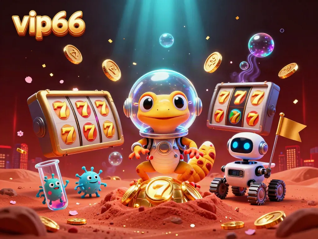 Experience the excitement of vip66 with a Martian gecko and robot rover celebrating a golden casino discovery.