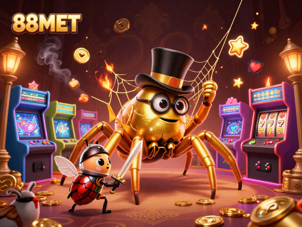 88M BET showcases a dynamic scene of gaming excitement with a golden tarantula and a knight in a vibrant casino.