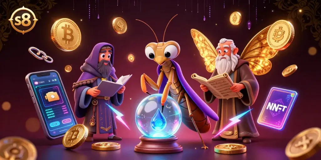 S8 casino players strategizing with digital prizes, illuminated by vibrant blockchain elements.