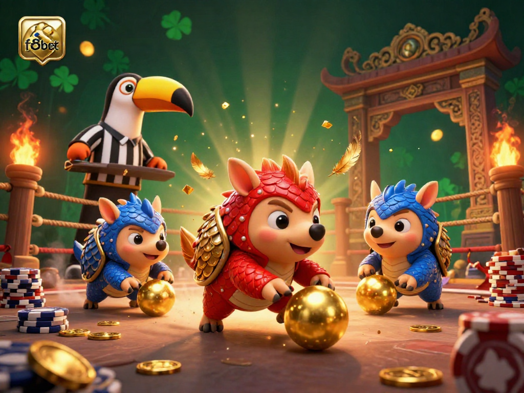 Engage with the thrilling action of f8bet as rival pangolins roll through poker chips in a vibrant casino scene.