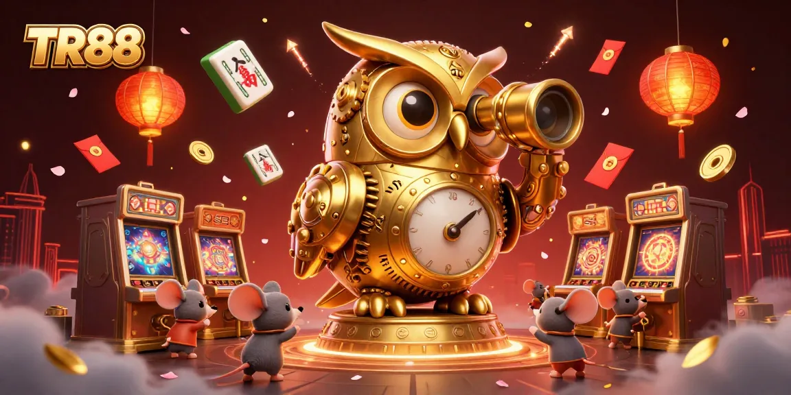 Engage with TR88's vibrant casino experience featuring a golden owl and bustling mouse patrons.