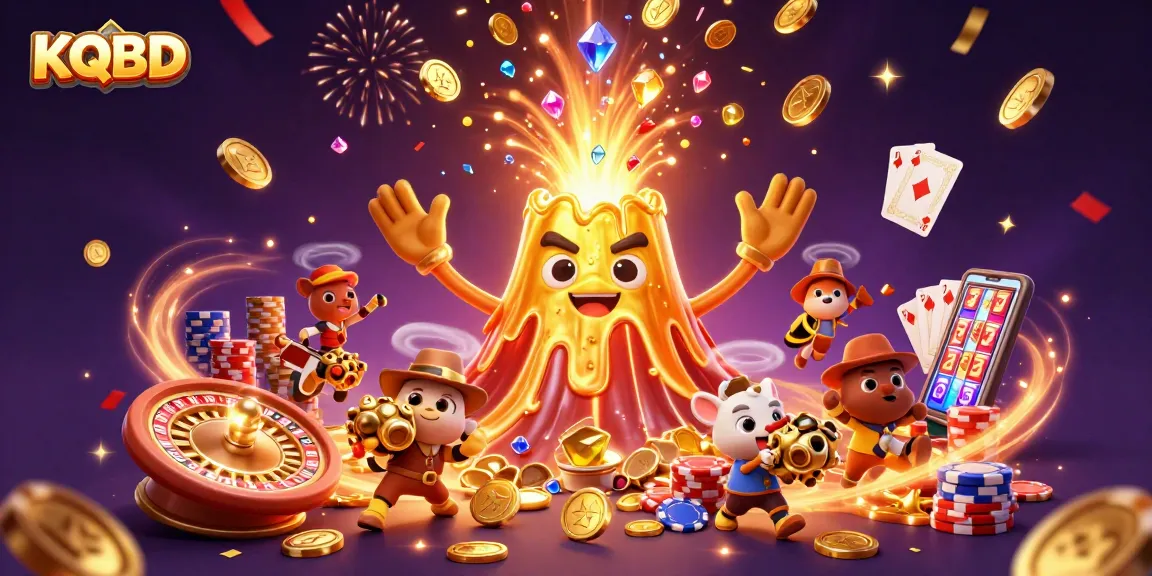 KQBD showcases a vibrant 3D illustration of a golden volcano erupting coins and gems, symbolizing winning in gambling.