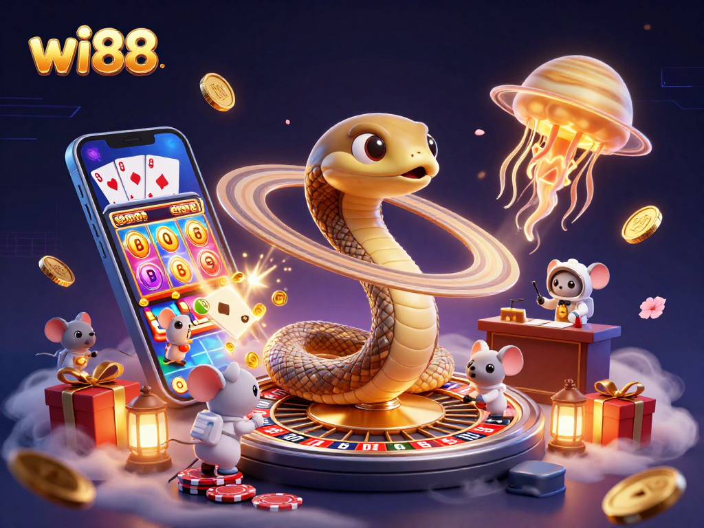 Engage with thrilling slot games and more at wi88, surrounded by a cosmic gaming scene.