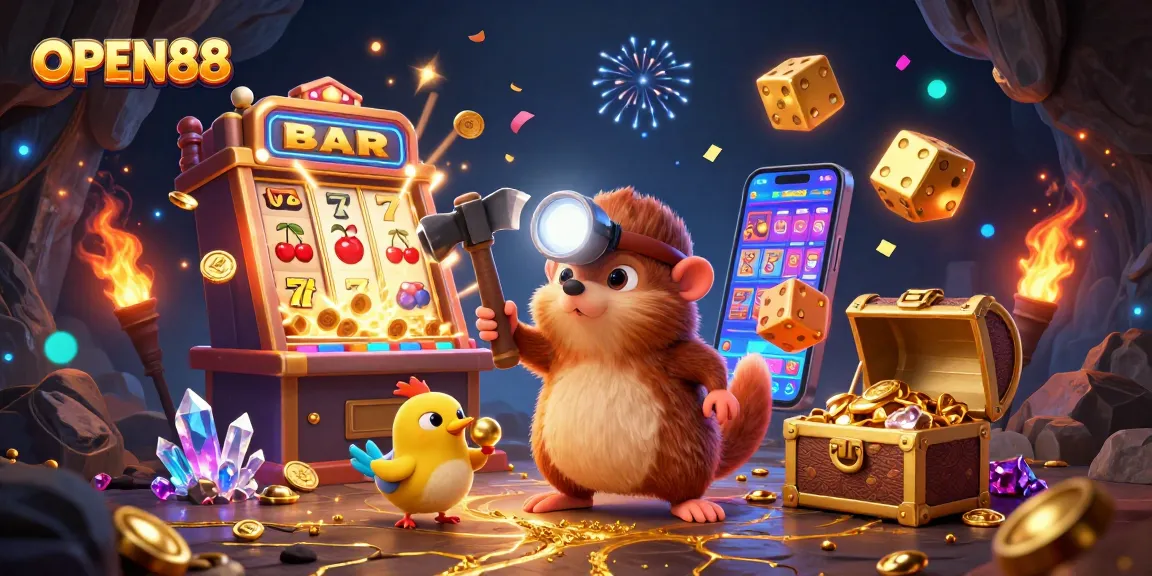 Celebrate big wins at OPEN88 with a dazzling treasure scene featuring a miner and canary unveiling jackpot riches.