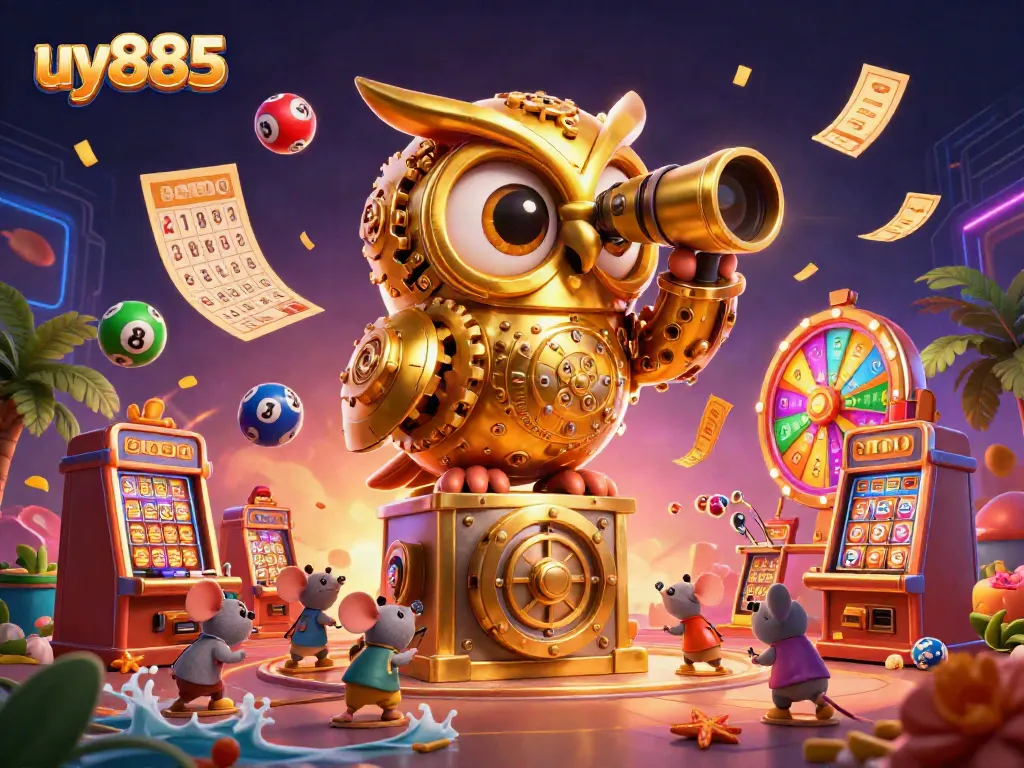 Experience the thrill at uy885 with an engaging casino scene featuring a golden owl and lively lottery elements.