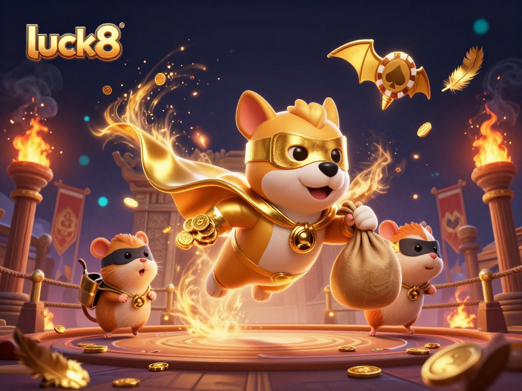 Explore exhilarating adventures at luck8 with a cartoon superhero dog flying amidst gold coins and gaming elements.