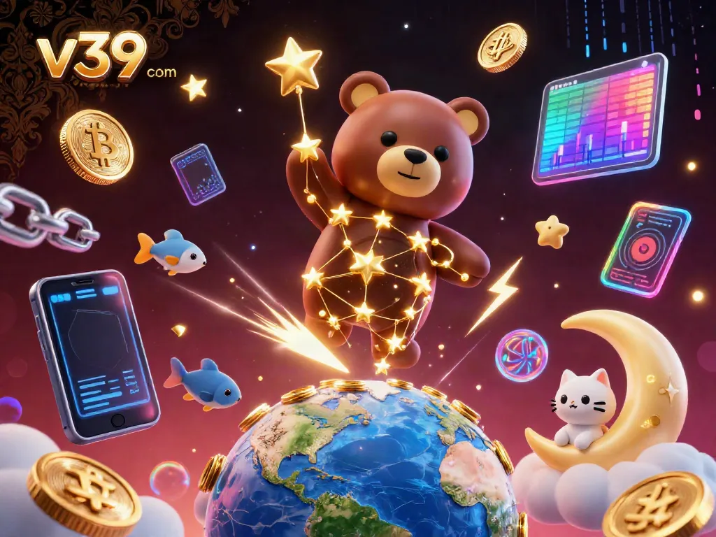 Experience the magic of v39 com as the constellation bear scoops coins while Bitcoin and Ethereum spin around.