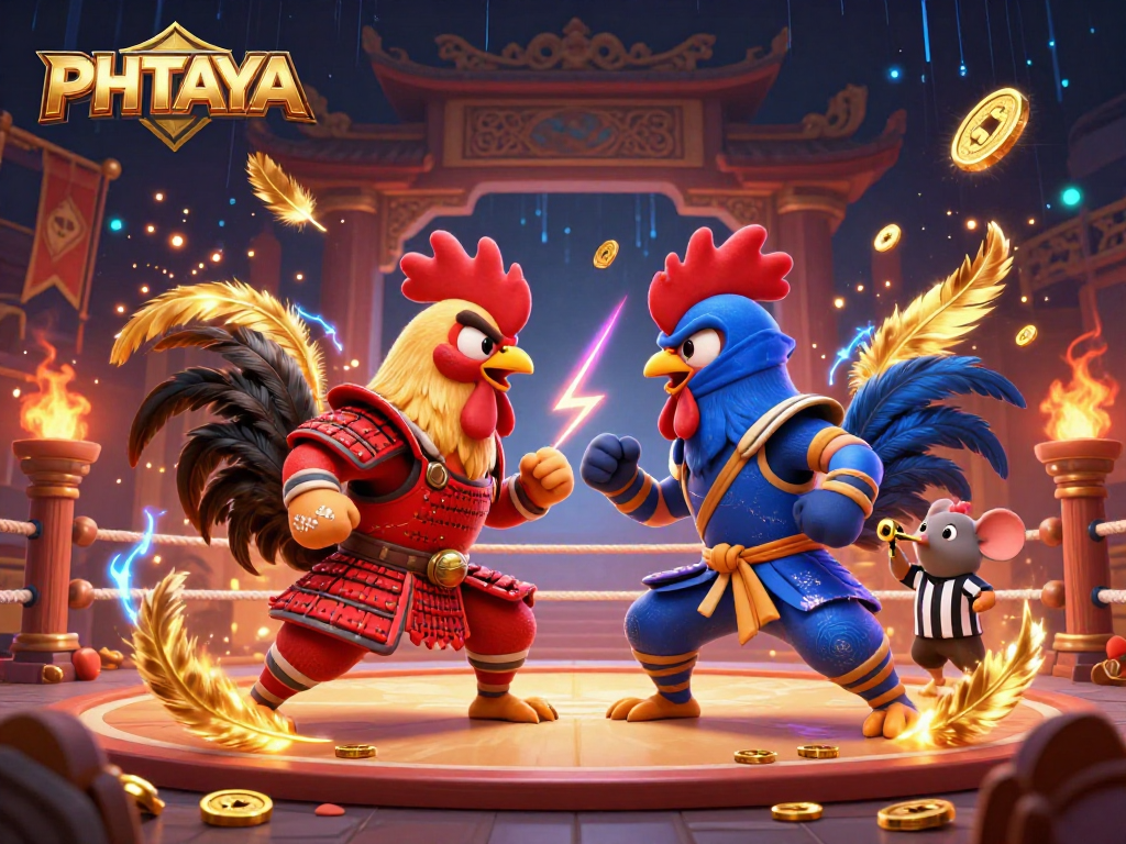PHTAYA showcases a thrilling standoff between 3D cartoon fighting roosters in an energetic gambling arena.