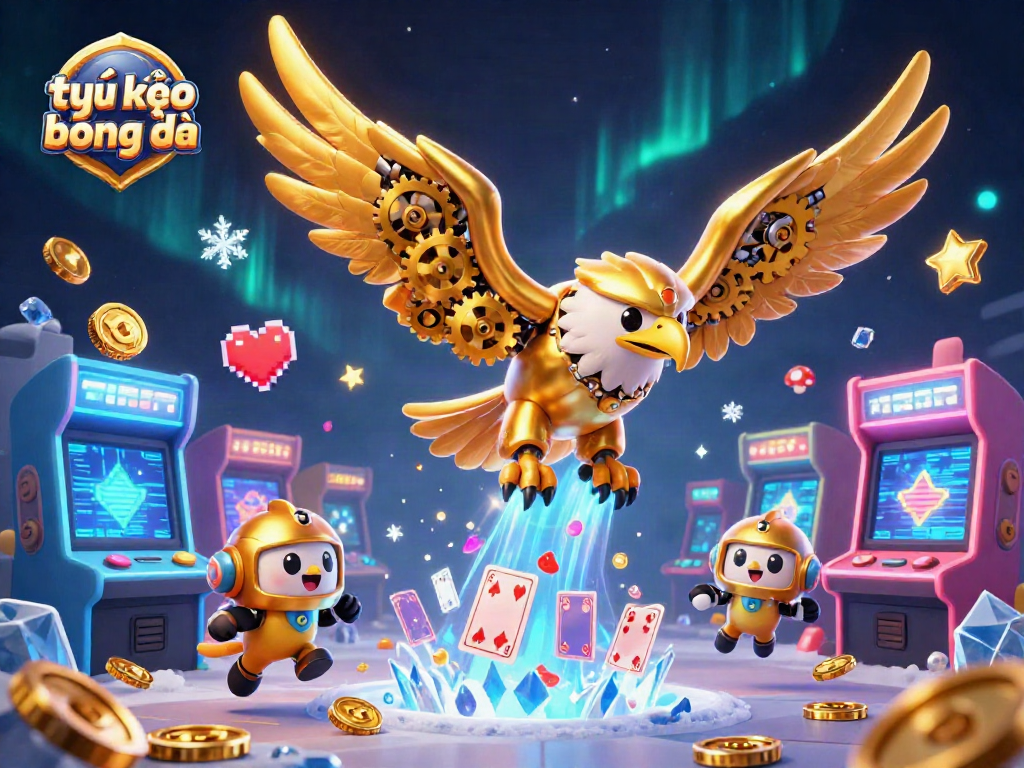 Tỷ lệ kèo bóng đá showcased by a cybernetic eagle diving through colorful playing cards, surrounded by gaming elements.