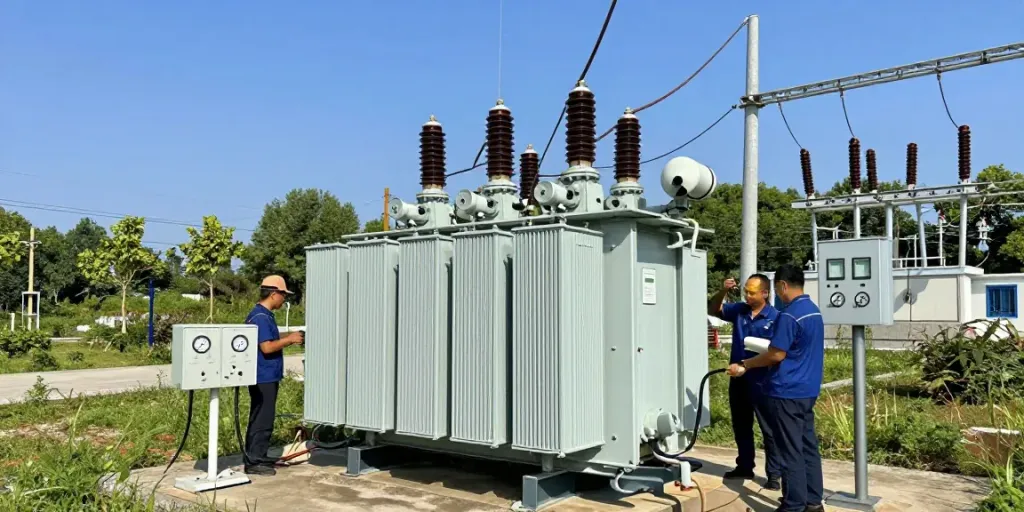 Technici controleren een ONAN koeltransformator tijdens onderhoud, omringd door een elektriciteitsstation en groene omgeving.