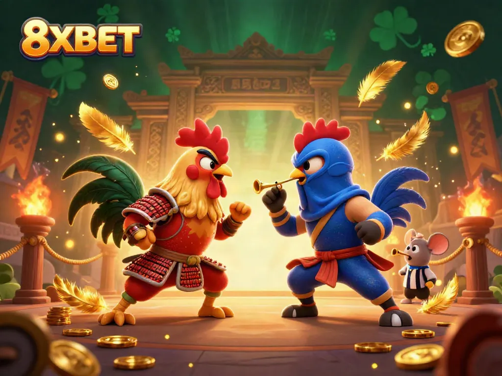 Witness an epic showdown with 8XBET, featuring a thrilling cockfight between armored roosters in a dynamic arena.