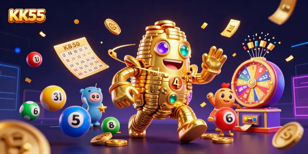 Engage in thrilling gaming action at KK55 with dynamic lottery balls and golden golem elements.