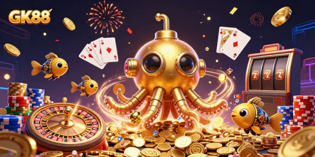 Engaging 3D illustration of GK88 featuring a golden kraken submarine surrounded by golden coins and casino elements.
