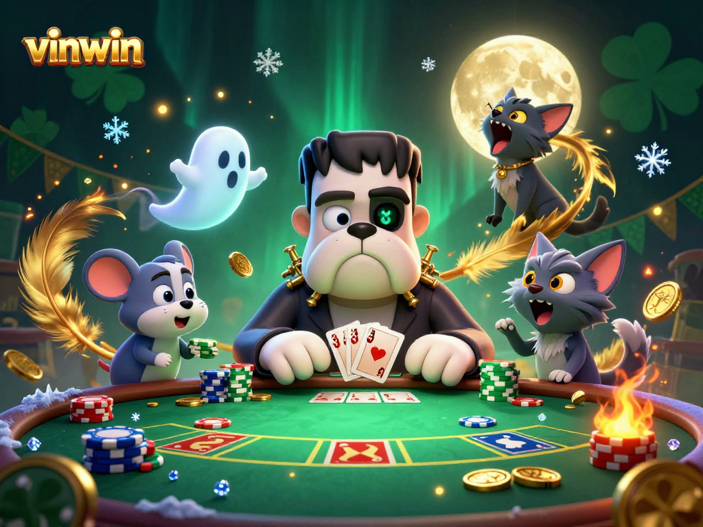 Experience vinwin's thrilling poker night with a cartoon bulldog dealer and ghostly charm.