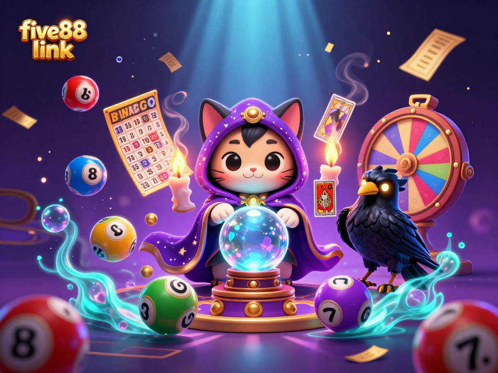 Engage with colorful five88 link excitement featuring a mystic cat, radiant raven, and a vibrant prize wheel.