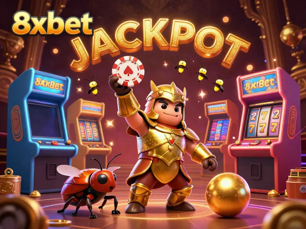 Join the excitement with 8xbet as a heroic beetle celebrates a jackpot win in a vibrant casino scene.