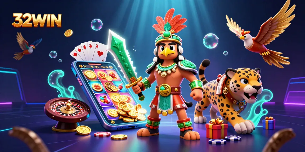 Vibrant 3D scene showcasing 32WIN's Aztec warrior and gaming elements for an engaging casino experience.