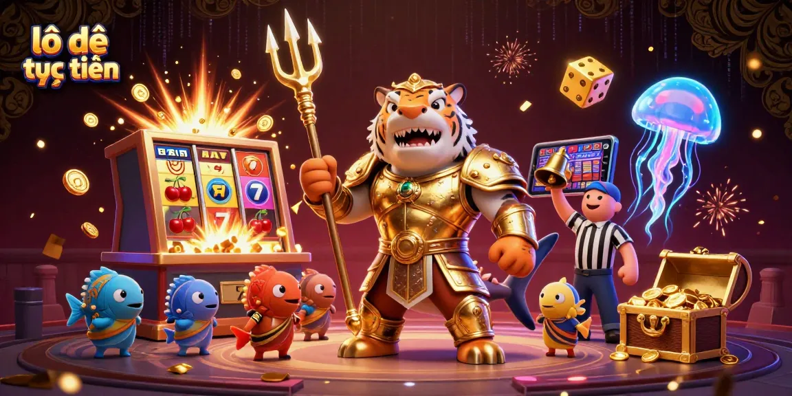 Experience thrilling lô đề trực tuyến action with a shark gladiator, vibrant casino elements, and excitement all around!