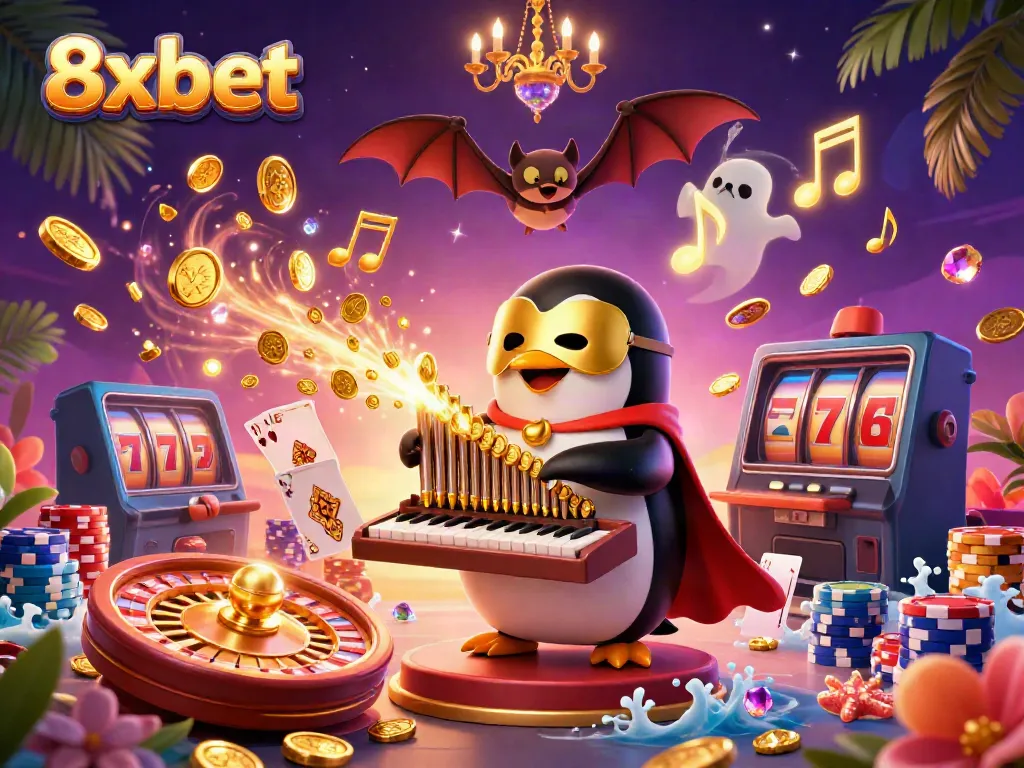 Experience 8xbet's thrilling gaming magic with a vibrant, enthralling casino scene full of dynamic excitement.