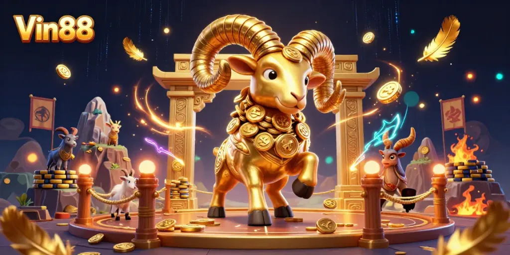 Experience the excitement at Vin88 with a golden ram charging through a vibrant casino scene.