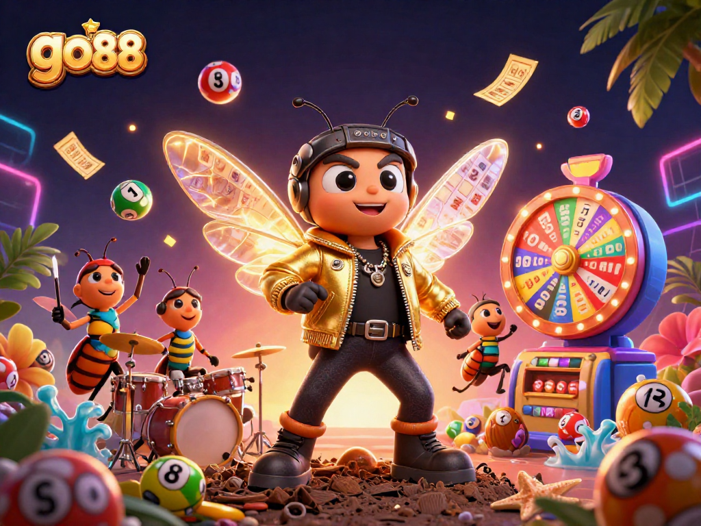 Experience excitement with go 88 in a vibrant casino scene featuring a rocking cicada and dynamic gaming elements.