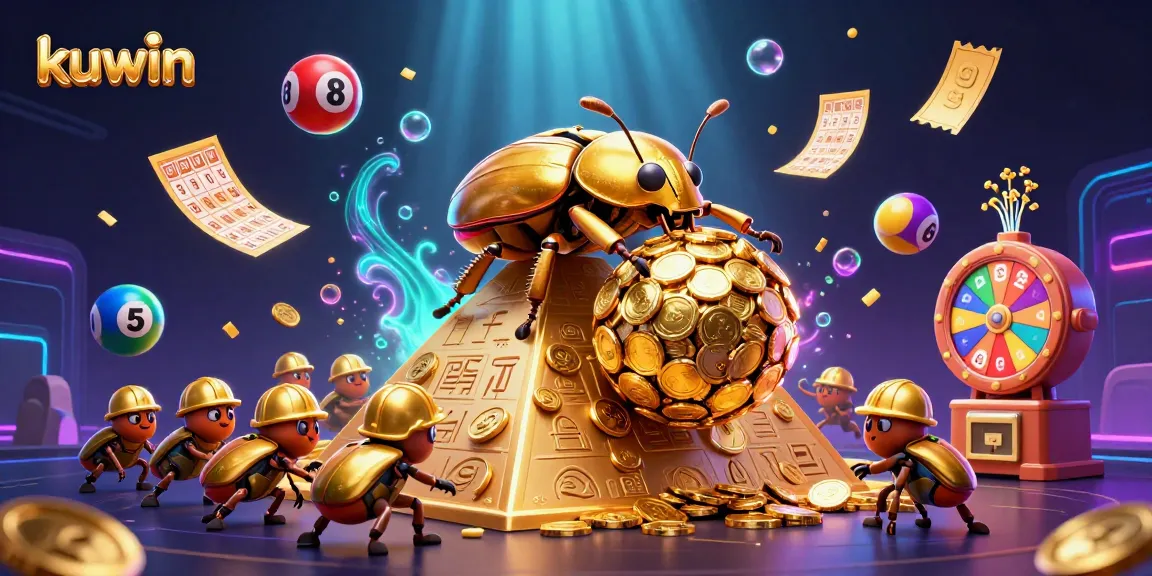 Kuwin showcases a vibrant casino scene with a golden dung beetle and lottery elements filling the atmosphere.