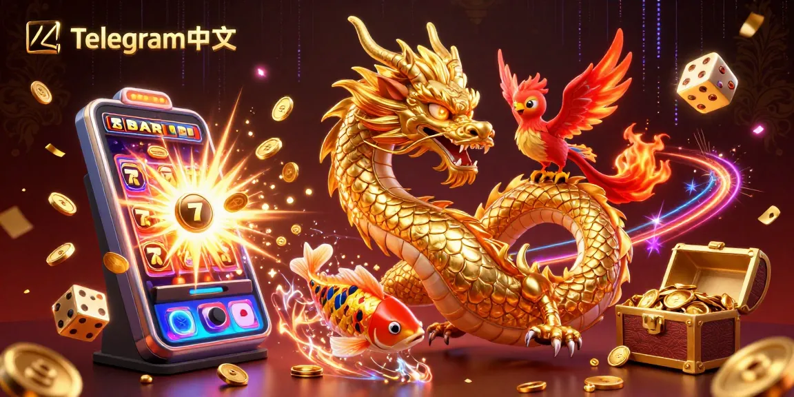 体验Telegram中文绚丽的3D赌场场景,背景中金色龙、凤凰和幸运锦鲤与老虎机的刺激交相辉映。