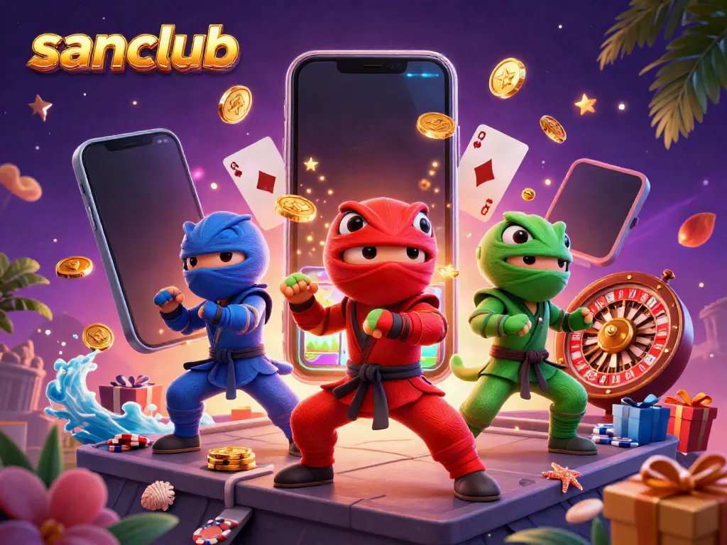 Engaging sanclub illustration with ninja chameleons performing martial arts around colorful slot game elements.