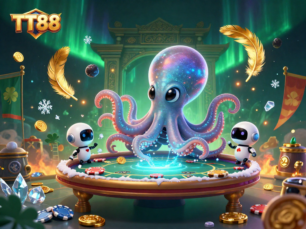 TT88 illuminates the gaming universe with a vibrant alien octopus and robotic companions in action.