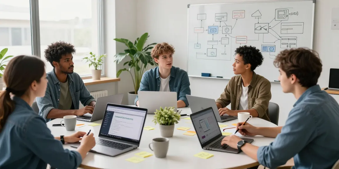 Build internal tools with AI in a collaborative workshop setting showcasing diverse professionals brainstorming and planning.