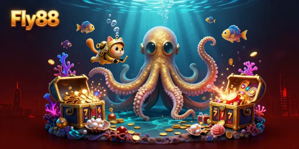 Experience the thrill of Fly88 with a kraken and lucky slots in a vibrant ocean scene.