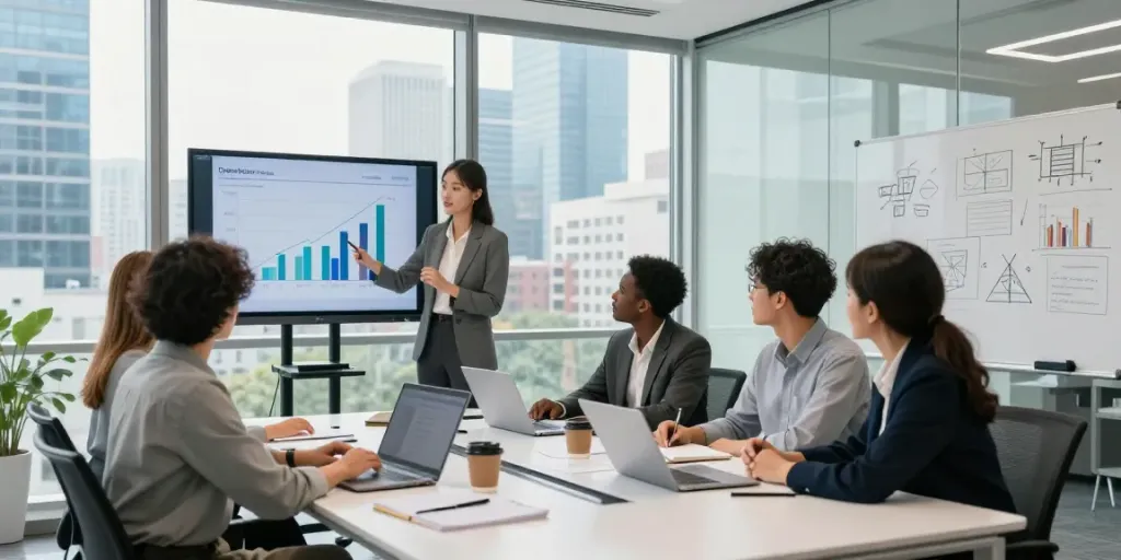 Zakelijk website maken in een moderne kantooromgeving met een team dat samenwerkt aan een presentatie, laptops en notities op een grote tafel.