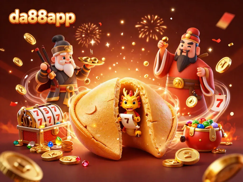 Experience the thrill of slot gaming with da88app, featuring a golden fortune cookie and lucky dragon in a vibrant 3D scene.