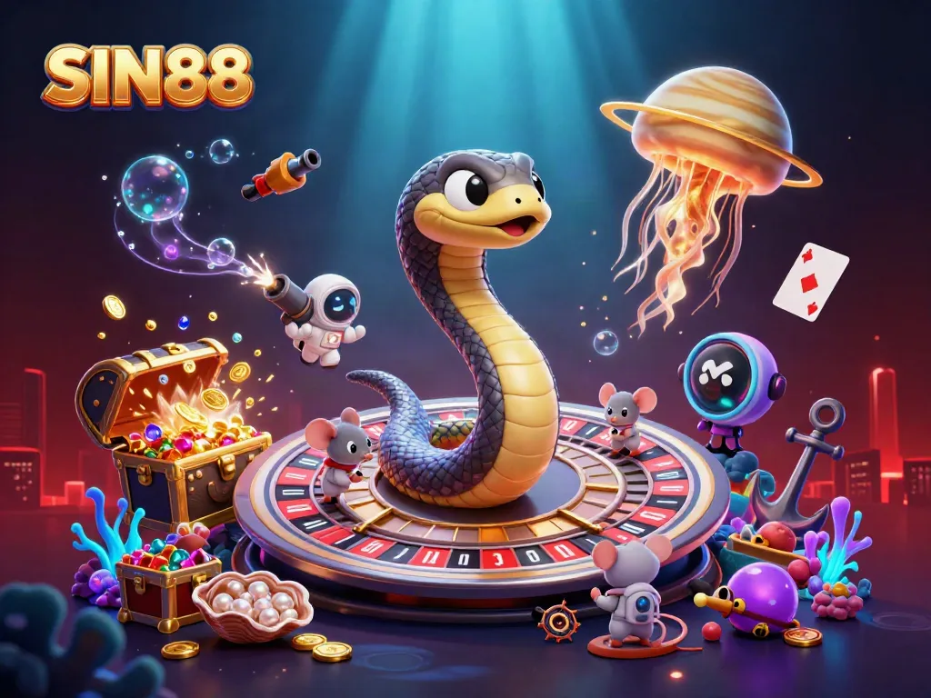 Experience the excitement of SIN88 with astronaut mice placing bets on a cosmic roulette wheel.