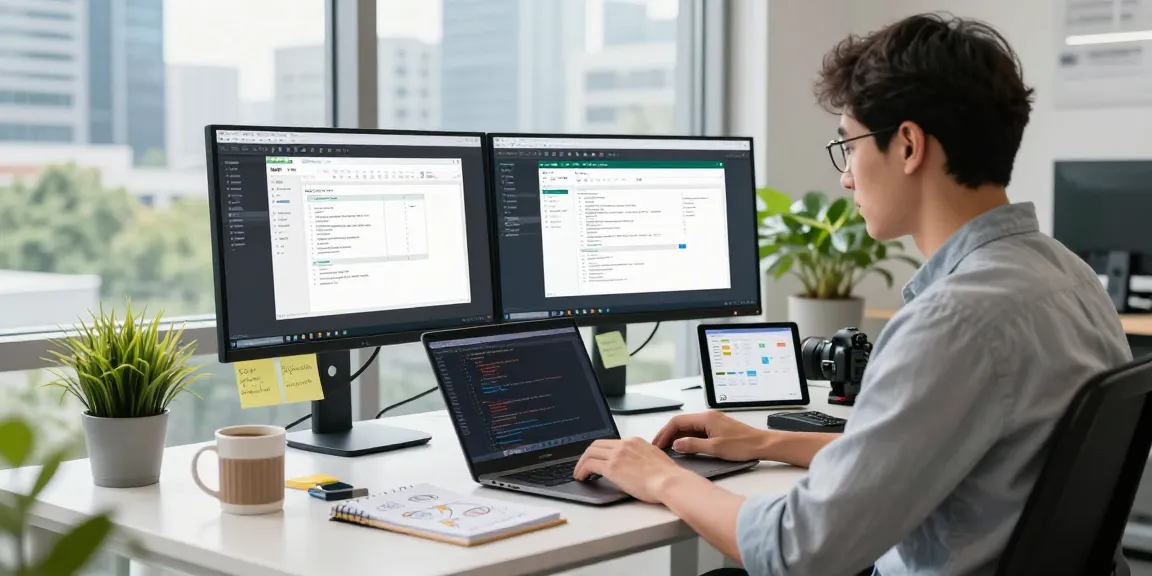 Download WPS Office in a modern workspace with dual screens showcasing productivity tools and a vibrant city view.