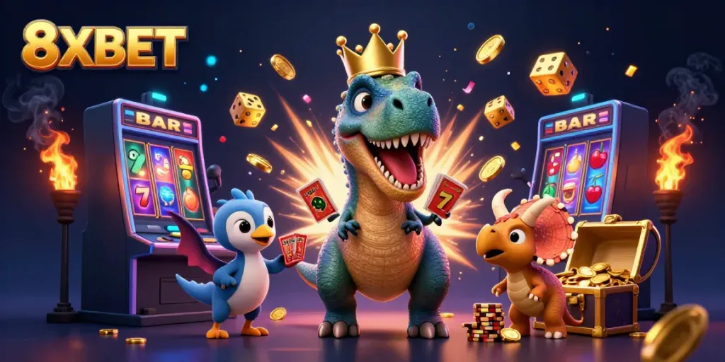 Experience thrilling 8XBET moments with a cartoon T-Rex dealing cards in a vibrant casino.