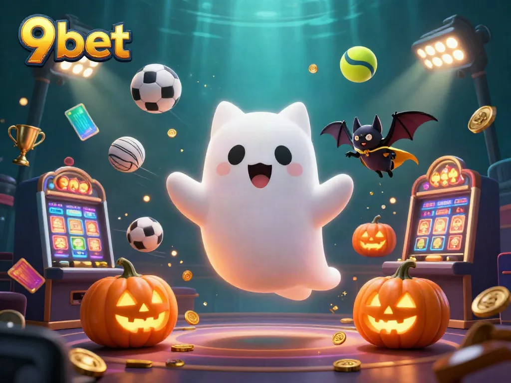 Engage with 9bet in a vibrant casino scene featuring a ghost cat and vampiric bat.