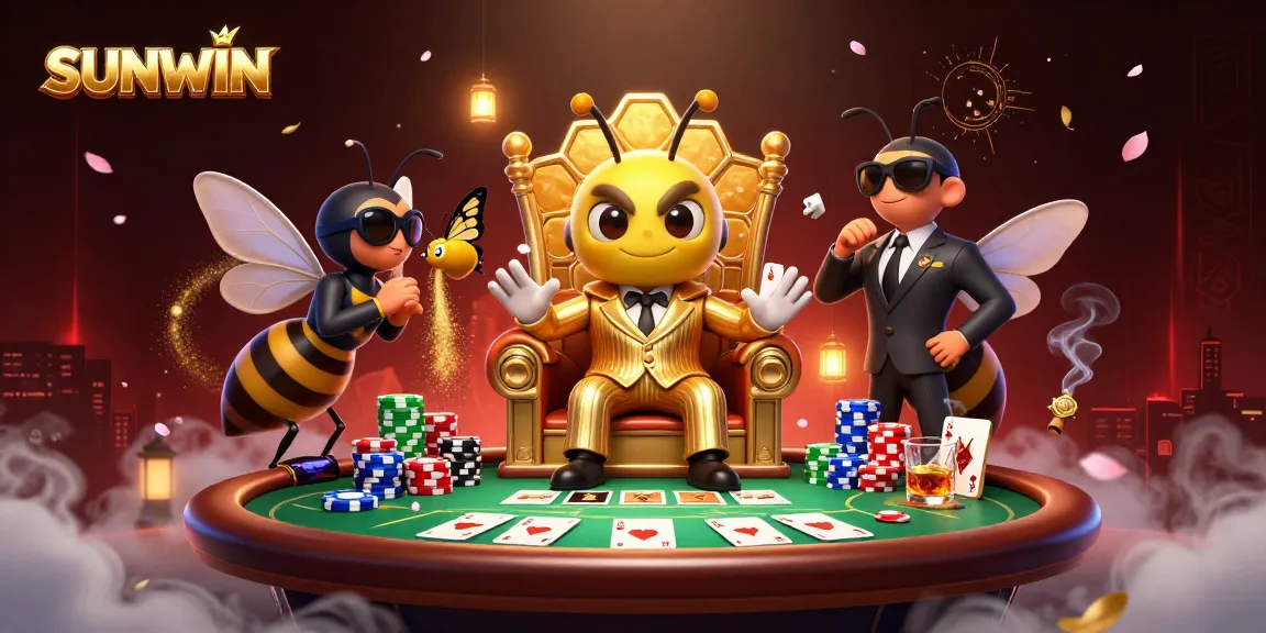 SUNWIN showcases a vibrant 3D scene with a bumblebee mob boss and poker elements creating a dynamic casino atmosphere.