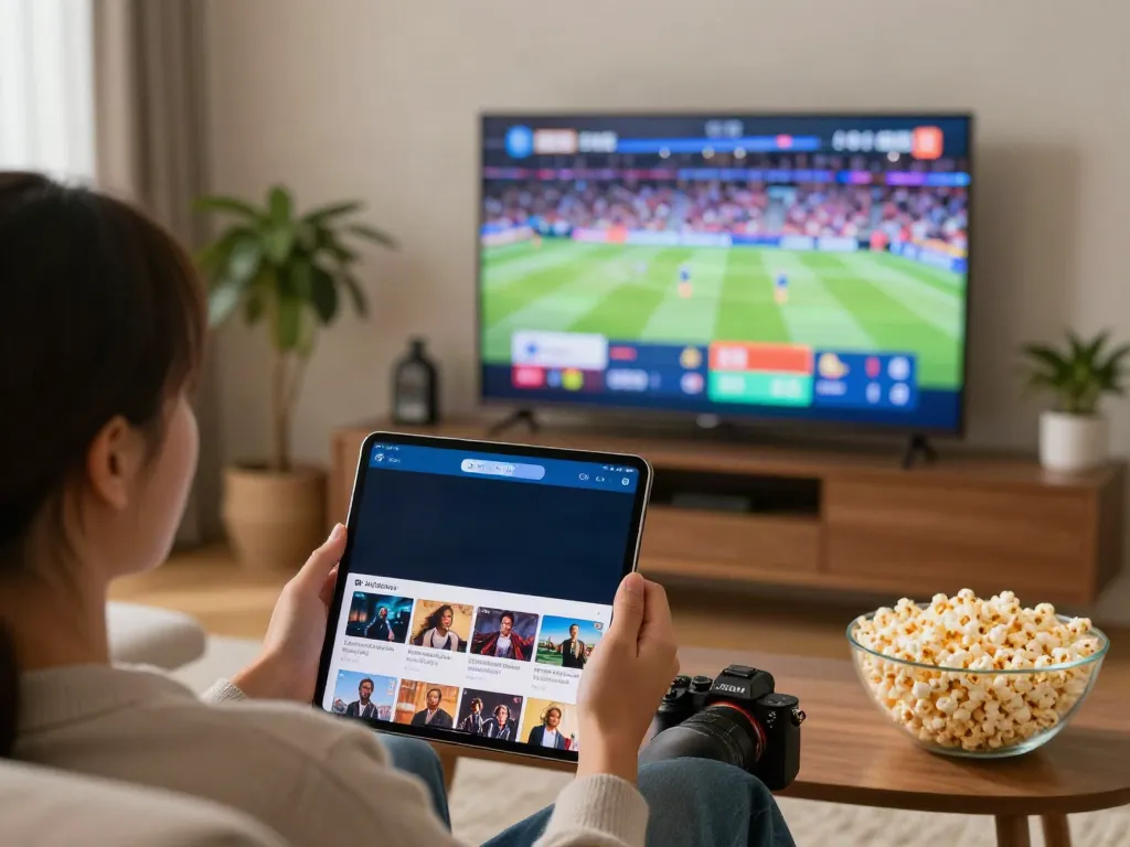 Pikashow download page featuring a home entertainment scene with a user on a couch enjoying movies and live sports.