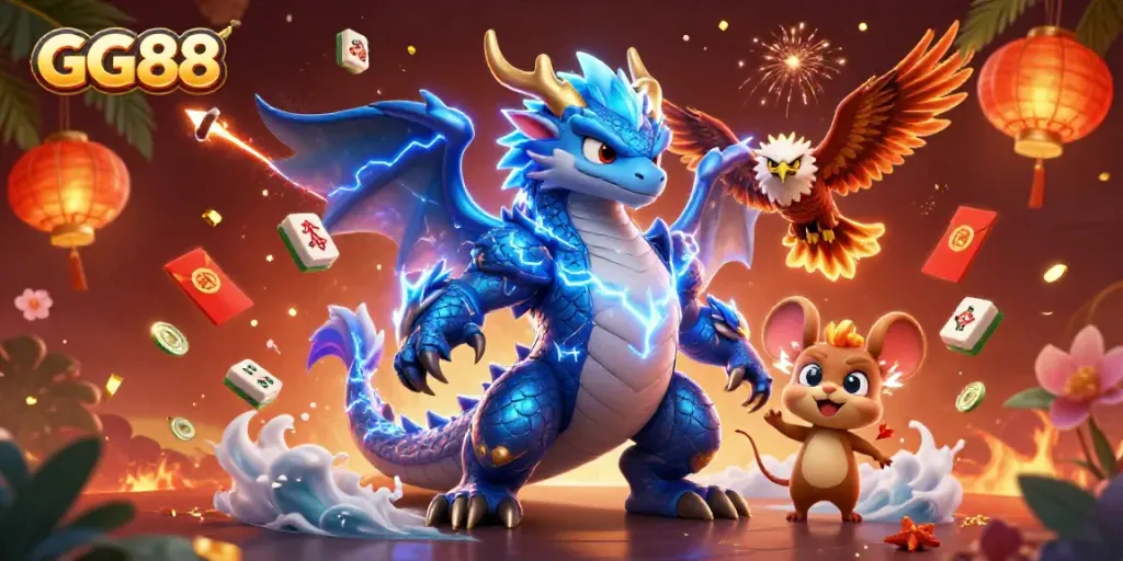 Engage in thrilling gameplay at GG88 with electrifying dragon, hawk, and mascot amidst casino elements.