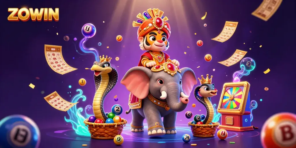 ZOWIN game experience illustrated with maharaja tiger, elephant, and lottery elements