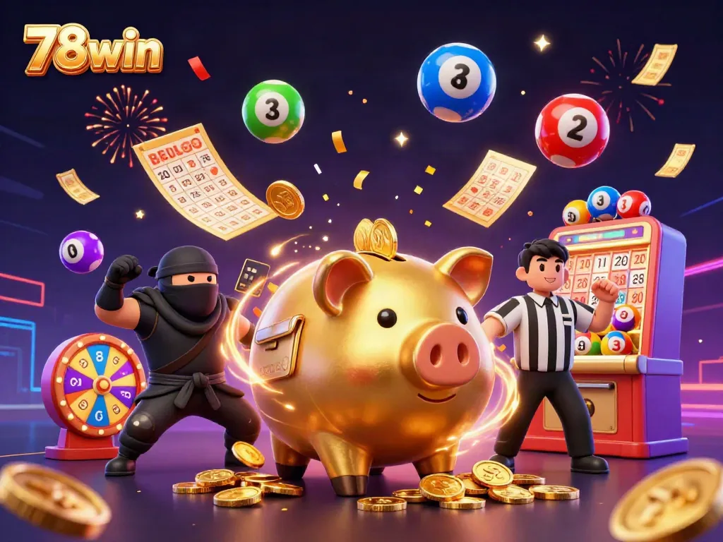 Experience the excitement of 78win with a unique 3D cartoon scene of a sumo wrestler and ninja amidst a vibrant casino atmosphere.