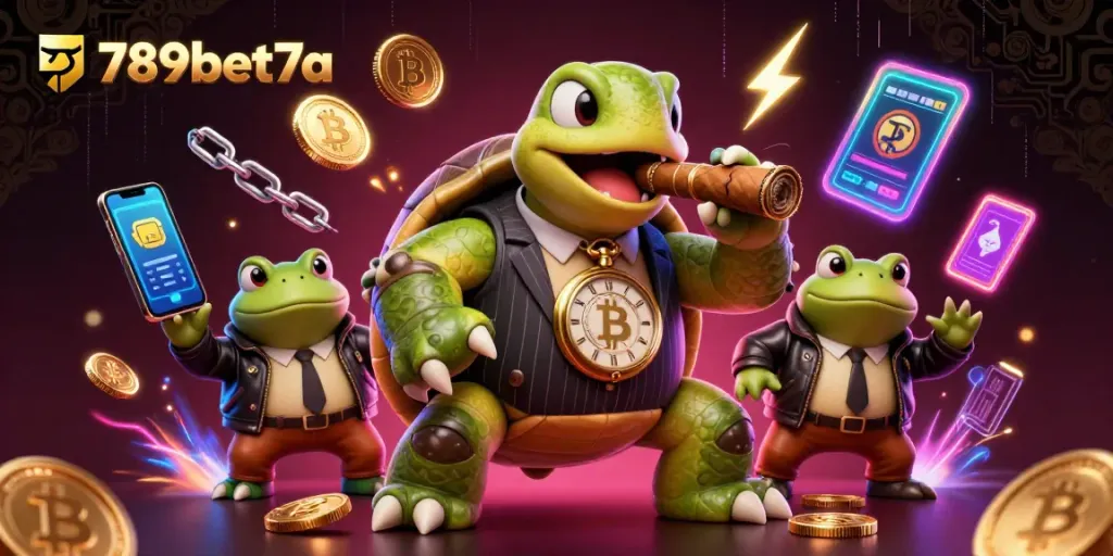 Engage with 789bet7a's vibrant casino scene featuring a snapping turtle mobster, bullfrog enforcers, and crypto elements.