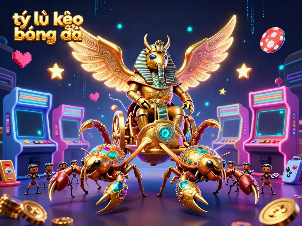 Betting excitement illustrated by tỷ lệ kèo bóng đá with a golden scarab in chariot and sports elements.