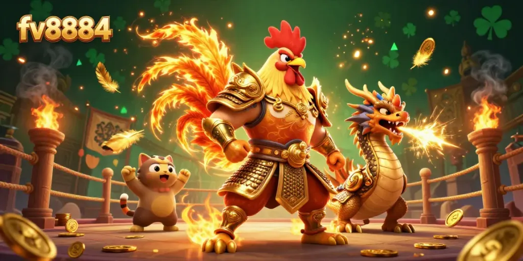 Engage with fv8884's vibrant cockfighting arena featuring cartoon rooster warriors and golden sparks.